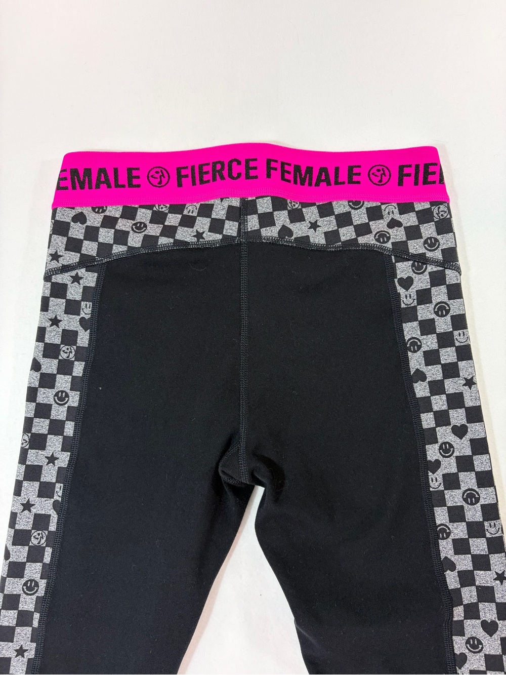 Zumba Fitness Black Leggings with Hot Pink Waistband and Gray Check Panels - Picture 5 of 7